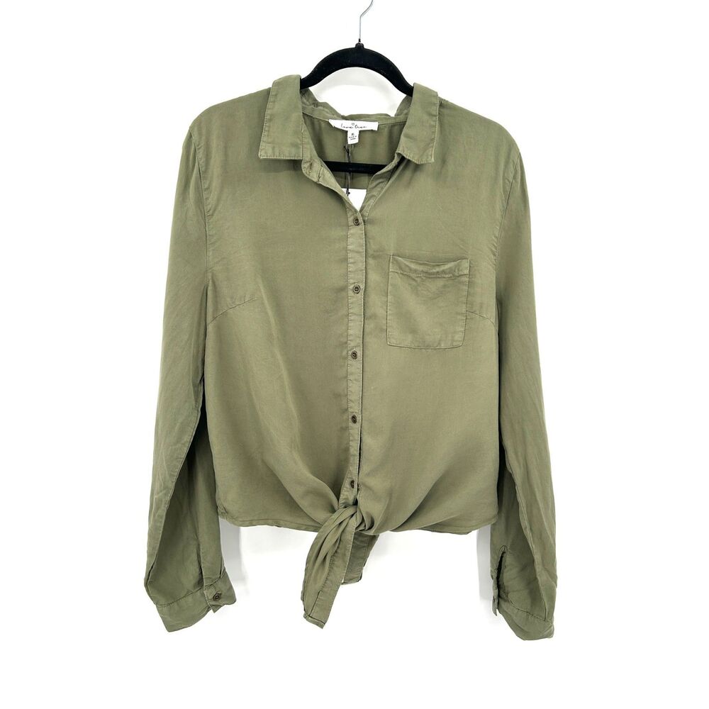 NWT LOVE TREE Army Green 100% Tencel Long Sleeve Button Up Tie Shirt Top Size XL
